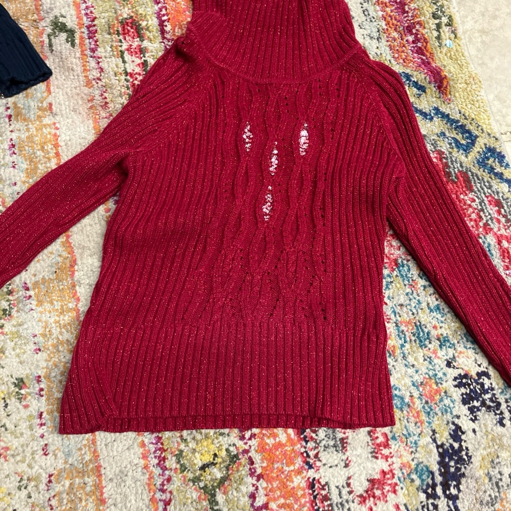 Roz & Ali Petite Xl Sweater Sparkle Red Chunky Turtle Neck Sequin